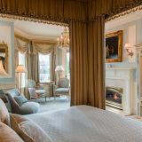 Immerse yourself in a light-filled room with refined lines and delicate details, characteristic of this intriguing architecture. Our Louis XVI guest room is decorated with soft palates of blues and creams, hand-painted leaf and ribbon designs and impeccab
